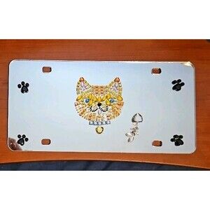 Mirrored License Plate With Rhinestone Cat And Paw Prints New